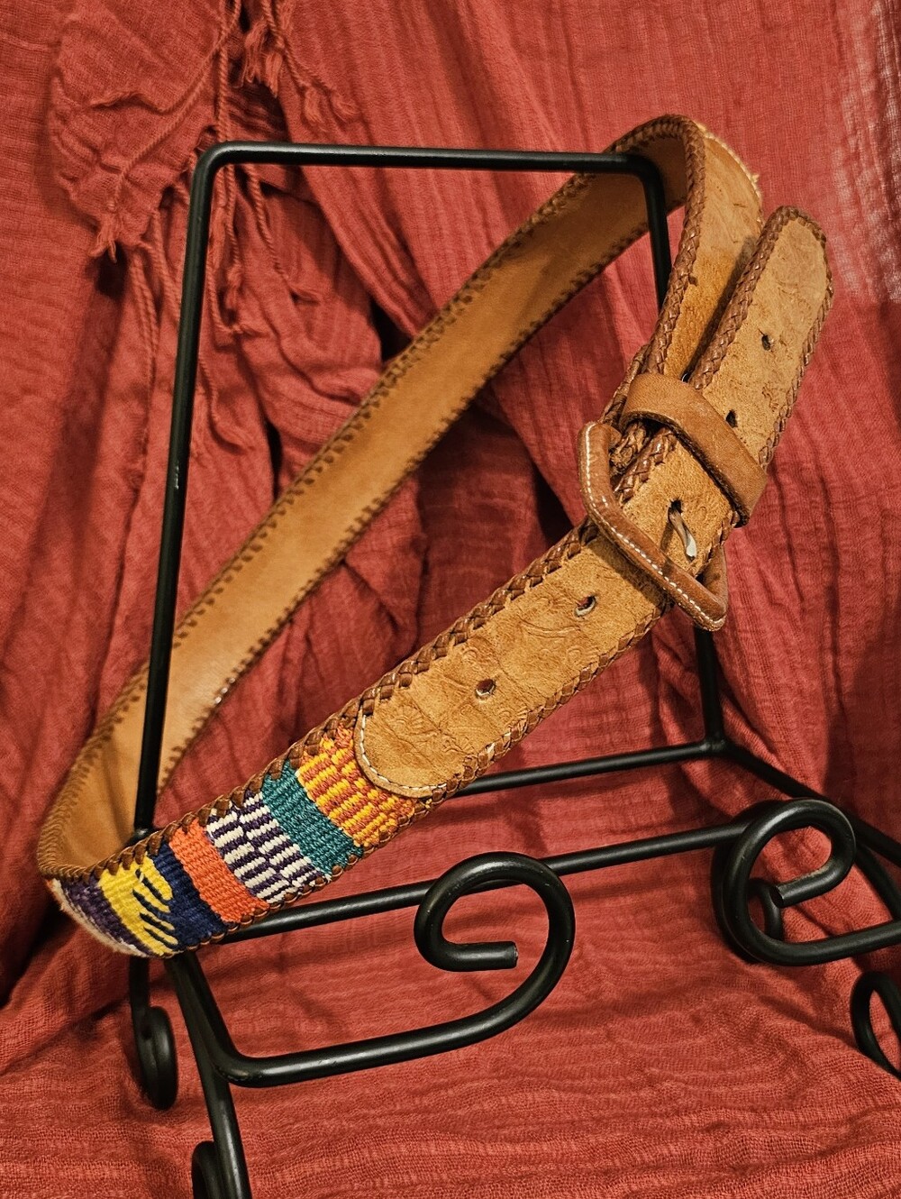 Vintage Mens Leather Belt with Multicolor Woven Detail